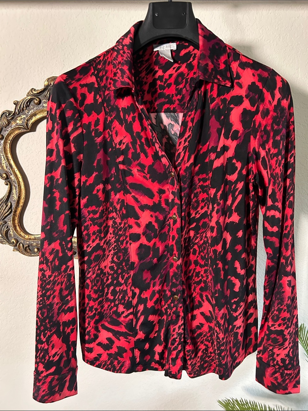 Cache Red and Black Animal Print Button-Down Shirt
